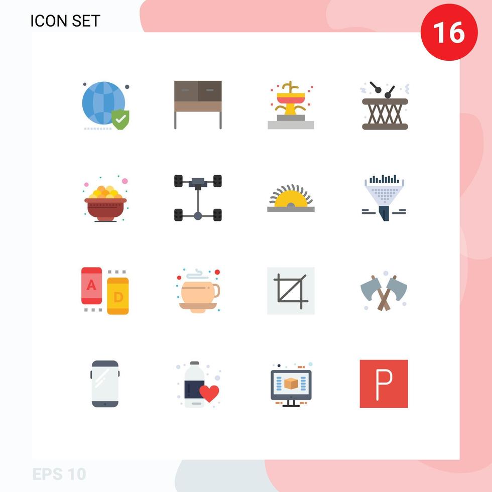 Universal Icon Symbols Group of 16 Modern Flat Colors of bowl instrument buildings multimedia drum Editable Pack of Creative Vector Design Elements