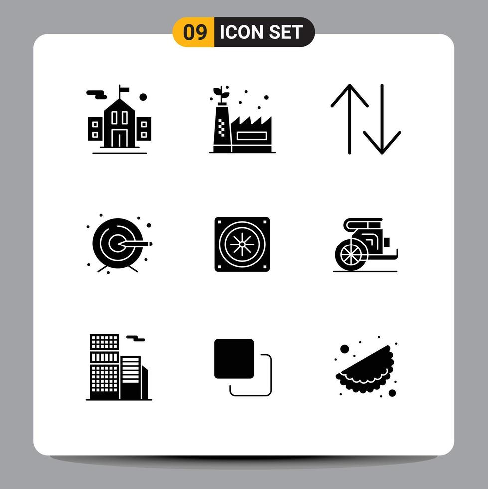 9 User Interface Solid Glyph Pack of modern Signs and Symbols of old chariot upside fan computer Editable Vector Design Elements