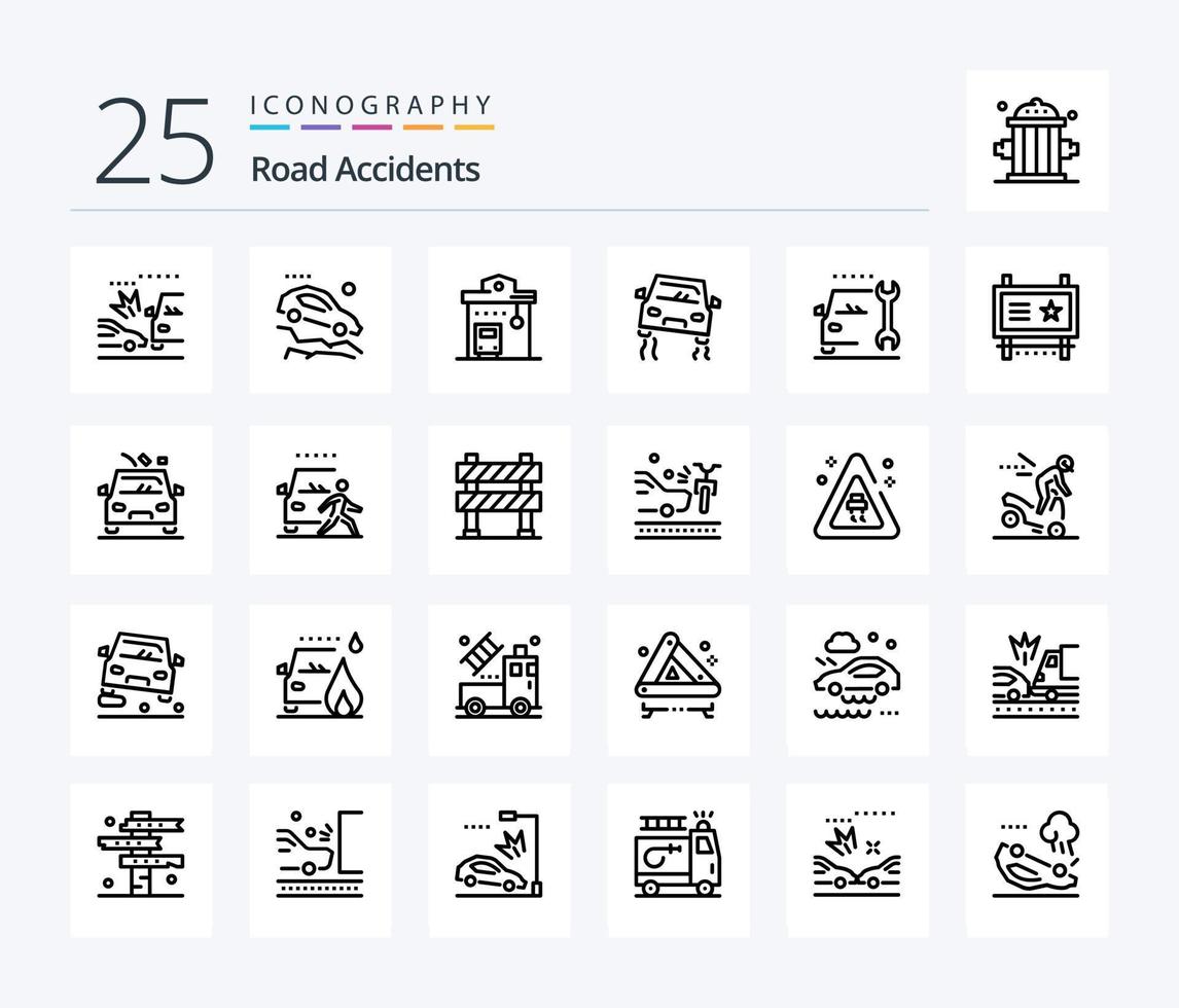 paquete de iconos de 25 líneas de accidentes de tráfico, incluido el automóvil. la carretera. autobús. auto. parada vector