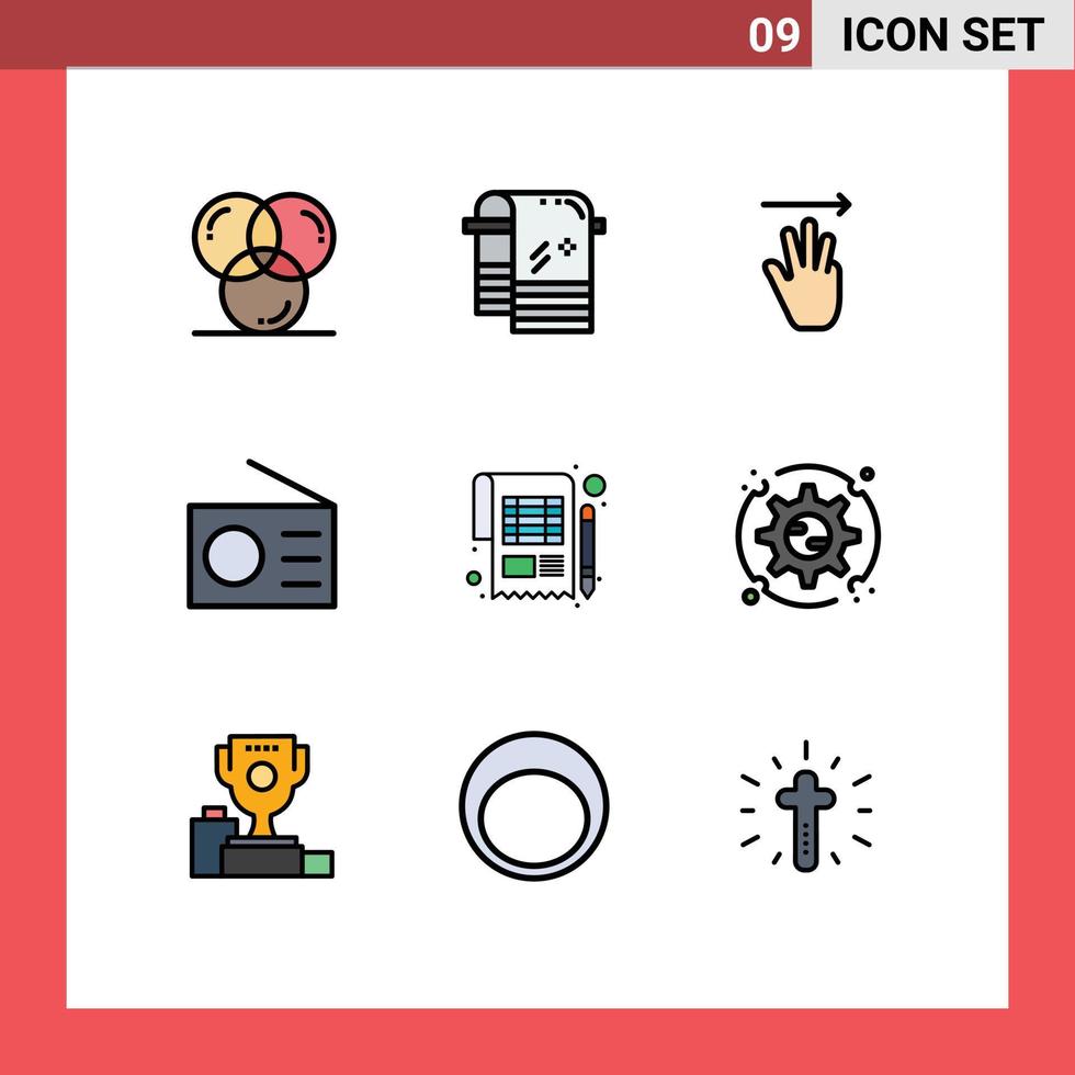 grupo de 9 signos y símbolos de colores planos de línea rellena para la contabilidad de dispositivos de limpieza de radio elementos de diseño vectorial editables a la derecha vector