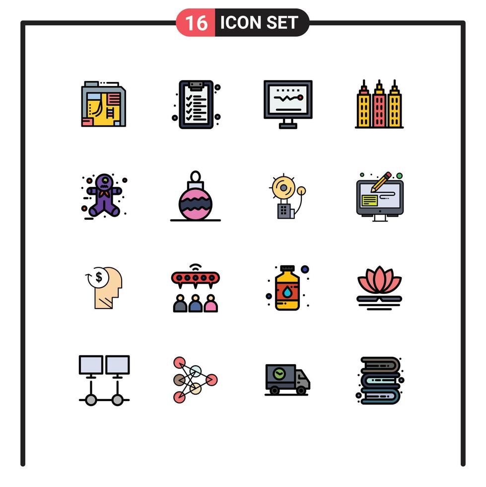 16 Universal Flat Color Filled Lines Set for Web and Mobile Applications halloween scary ginger cardiology tower building Editable Creative Vector Design Elements