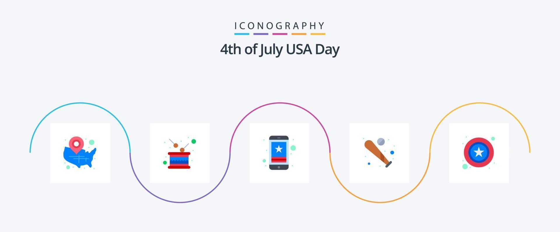 Paquete de íconos planos de EE. UU. 5 que incluye murciélago. bola. independencia. teléfono. teléfono inteligente vector