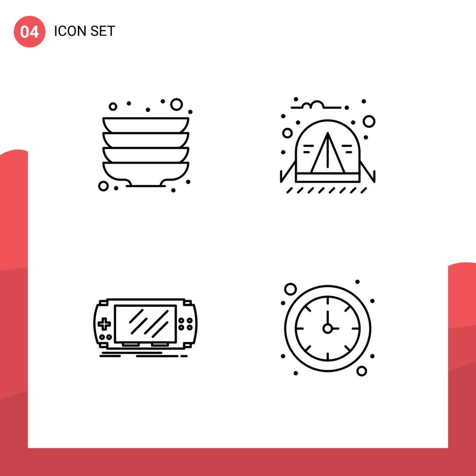 grupo de 4 colores planos de línea de relleno modernos establecidos para elementos de diseño de vectores editables de juego de cocina camp jungle psp
