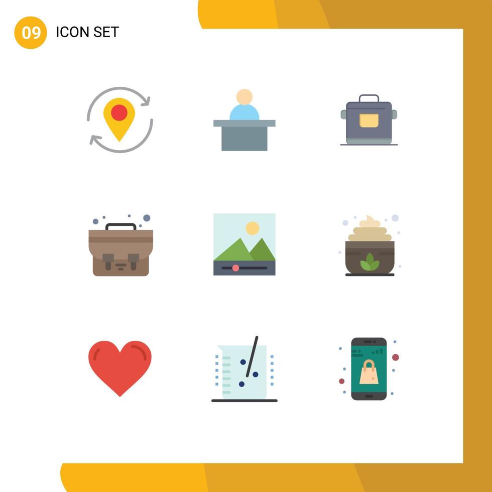 Pictogram Set of 9 Simple Flat Colors of photos gallery cooker student bag bag Editable Vector Design Elements