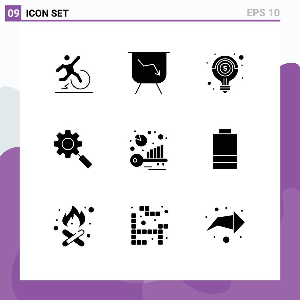 Set of 9 Vector Solid Glyphs on Grid for benchmark gear idea research solution Editable Vector Design Elements