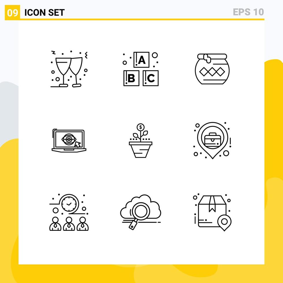Set of 9 Vector Outlines on Grid for care growth water presentation monitor Editable Vector Design Elements