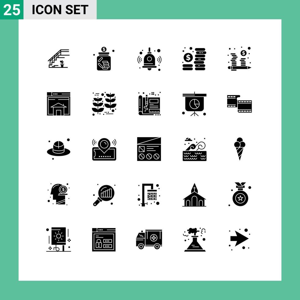 25 User Interface Solid Glyph Pack of modern Signs and Symbols of home investment jar coins bell Editable Vector Design Elements