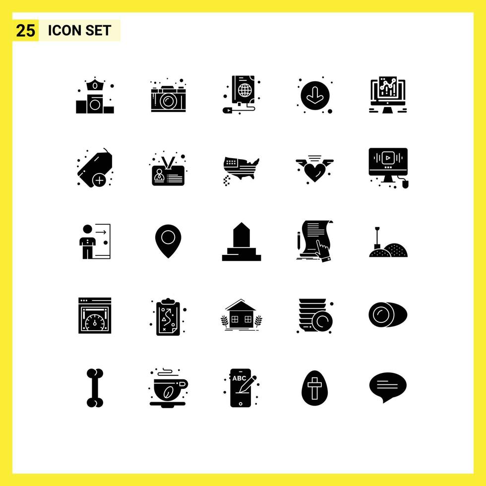 Solid Glyph Pack of 25 Universal Symbols of data down thinking circle globe Editable Vector Design Elements