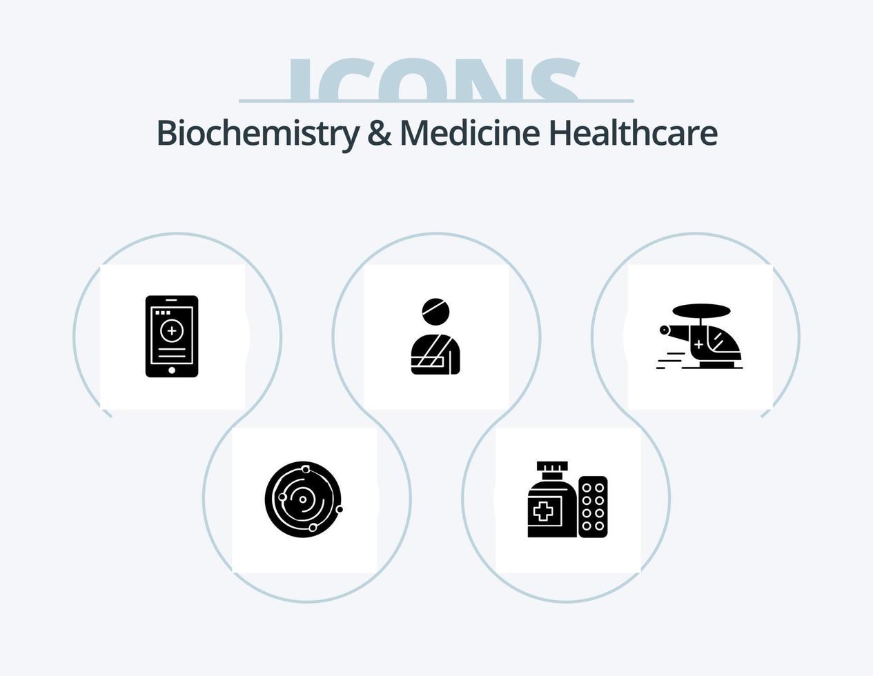 Biochemistry And Medicine Healthcare Glyph Icon Pack 5 Icon Design. chopper. hospital. medical. injured. patient vector