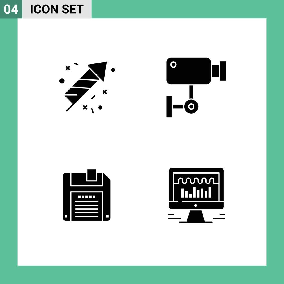 Set of 4 Vector Solid Glyphs on Grid for fire work diskette cam surveillance computer Editable Vector Design Elements