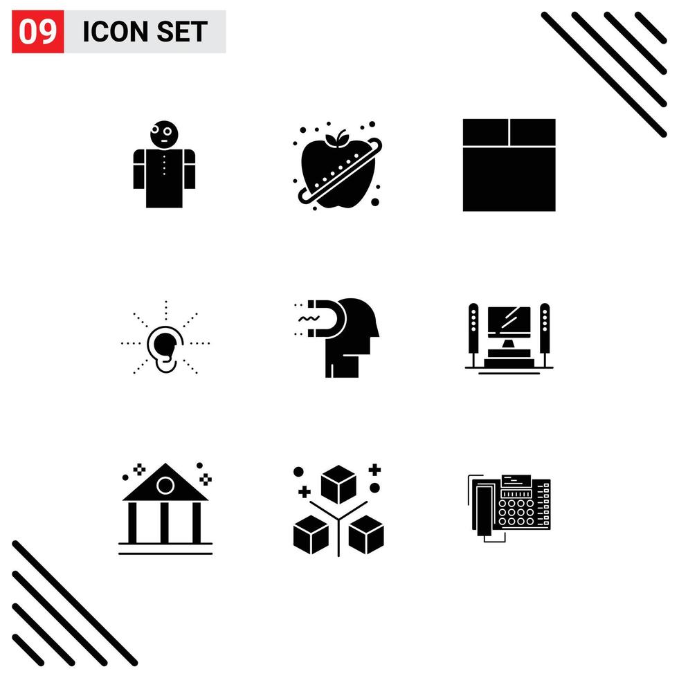 Set of 9 Commercial Solid Glyphs pack for human power of influence grid listen hear Editable Vector Design Elements