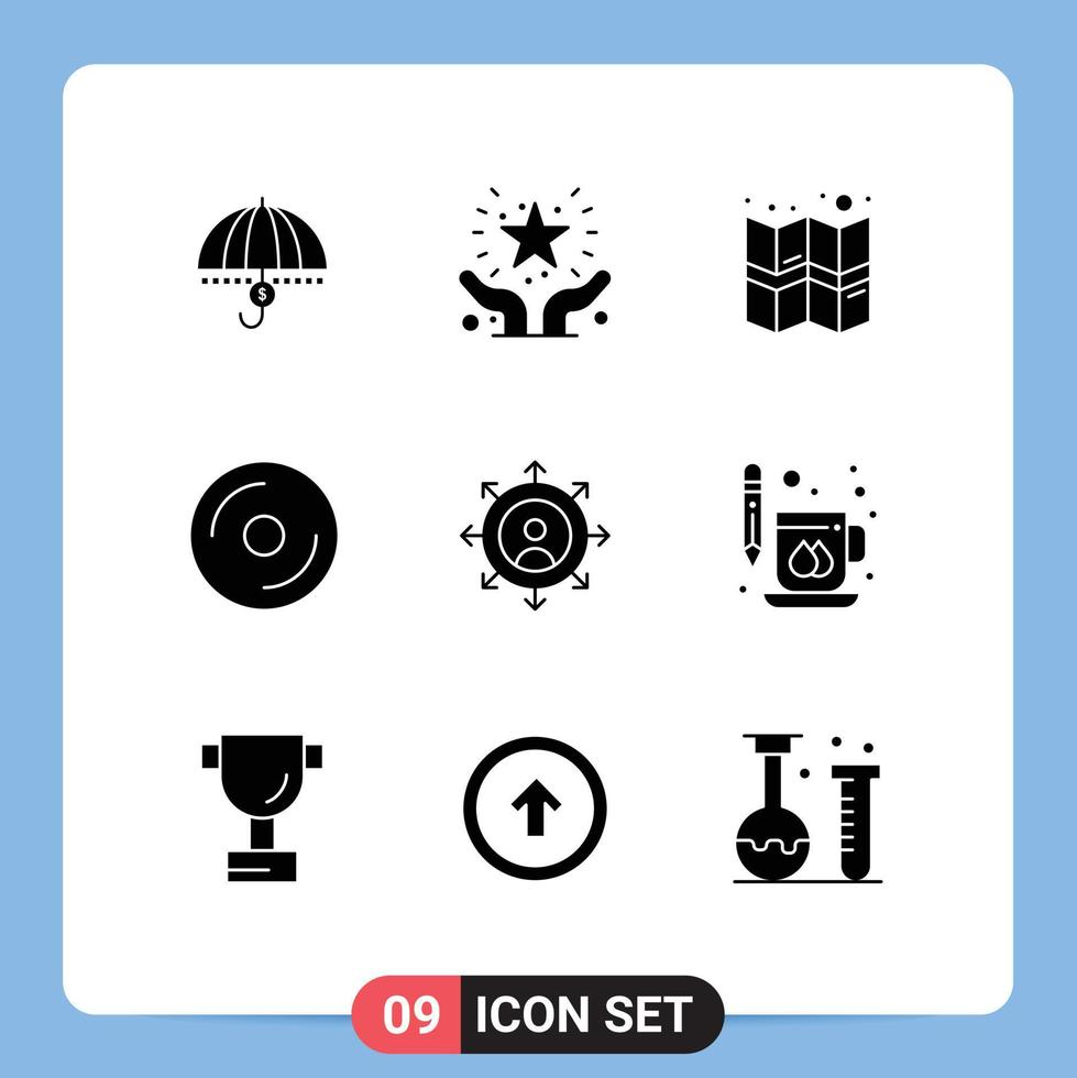 Mobile Interface Solid Glyph Set of 9 Pictograms of disk map care location safe Editable Vector Design Elements