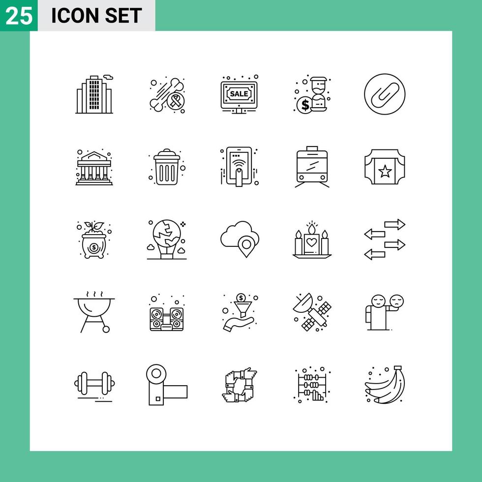 Group of 25 Lines Signs and Symbols for attachment time auction money sale Editable Vector Design Elements