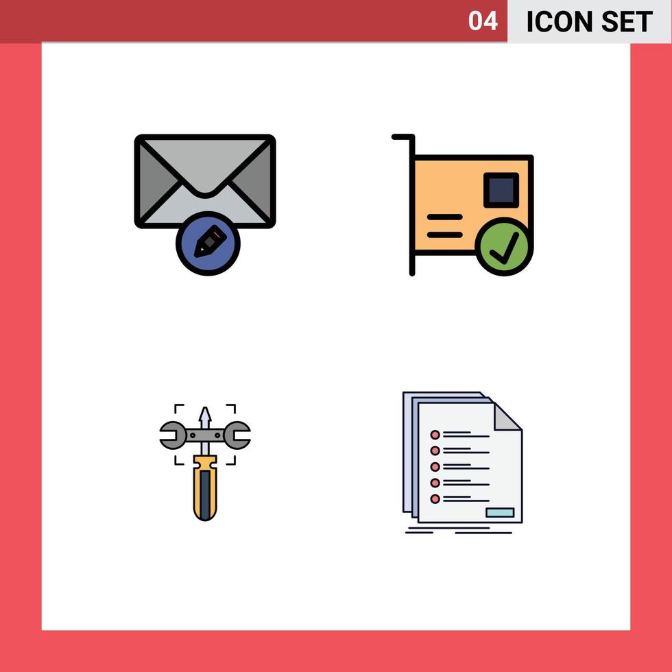 Modern Set of 4 Filledline Flat Colors Pictograph of mail gear card devices screw Editable Vector Design Elements