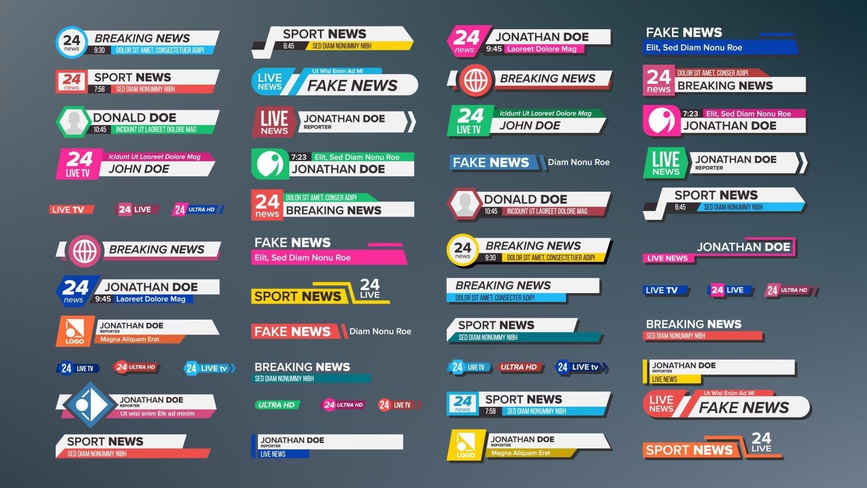 TV News Bars Set Vector. Breaking, Sport News. Media labels Tag For Television Broadcast. Isolated Illustration vector