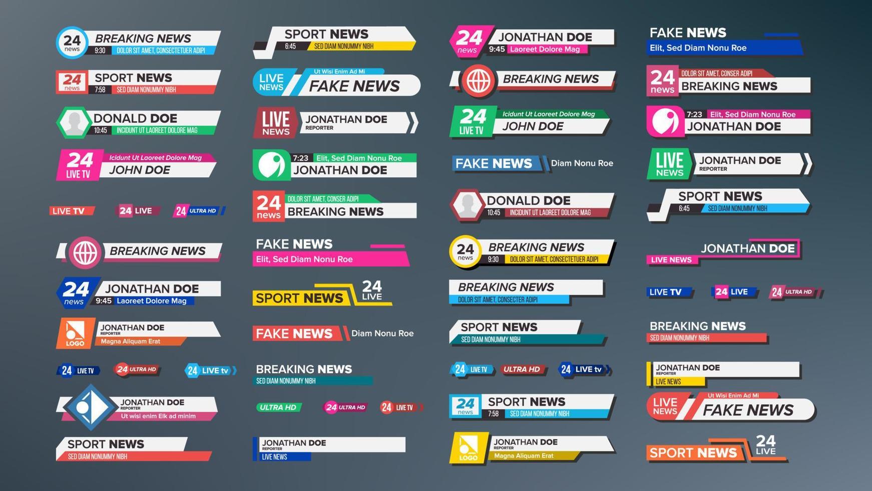 las barras de noticias de tv establecen el vector. última hora, noticias deportivas. etiqueta de etiquetas de medios para transmisión de televisión. ilustración aislada vector