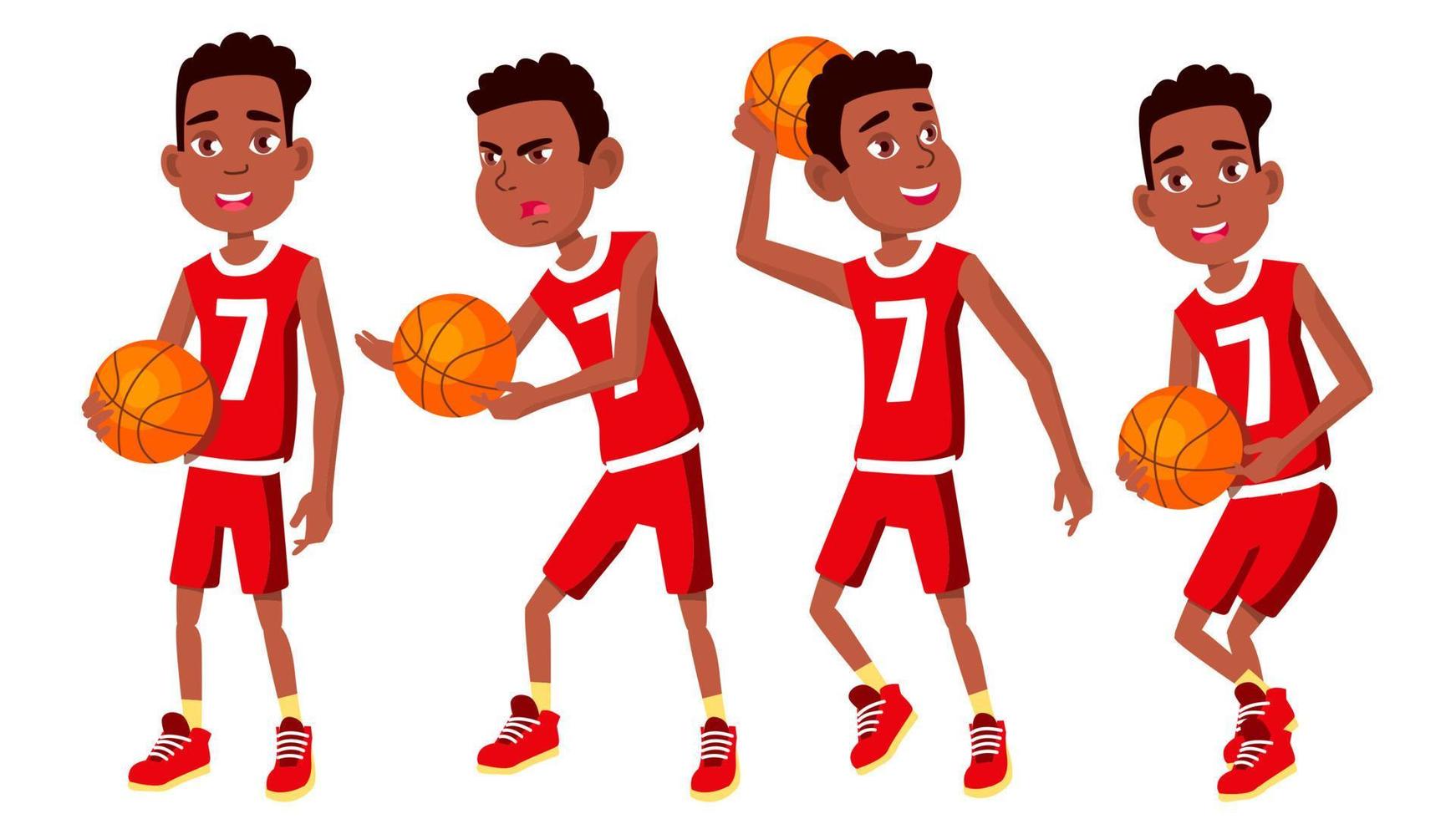 vector de conjunto de niños de jugador de baloncesto. poses diferentes lleva la pelota. competición de juegos deportivos. deporte. ilustración de dibujos animados plana aislada