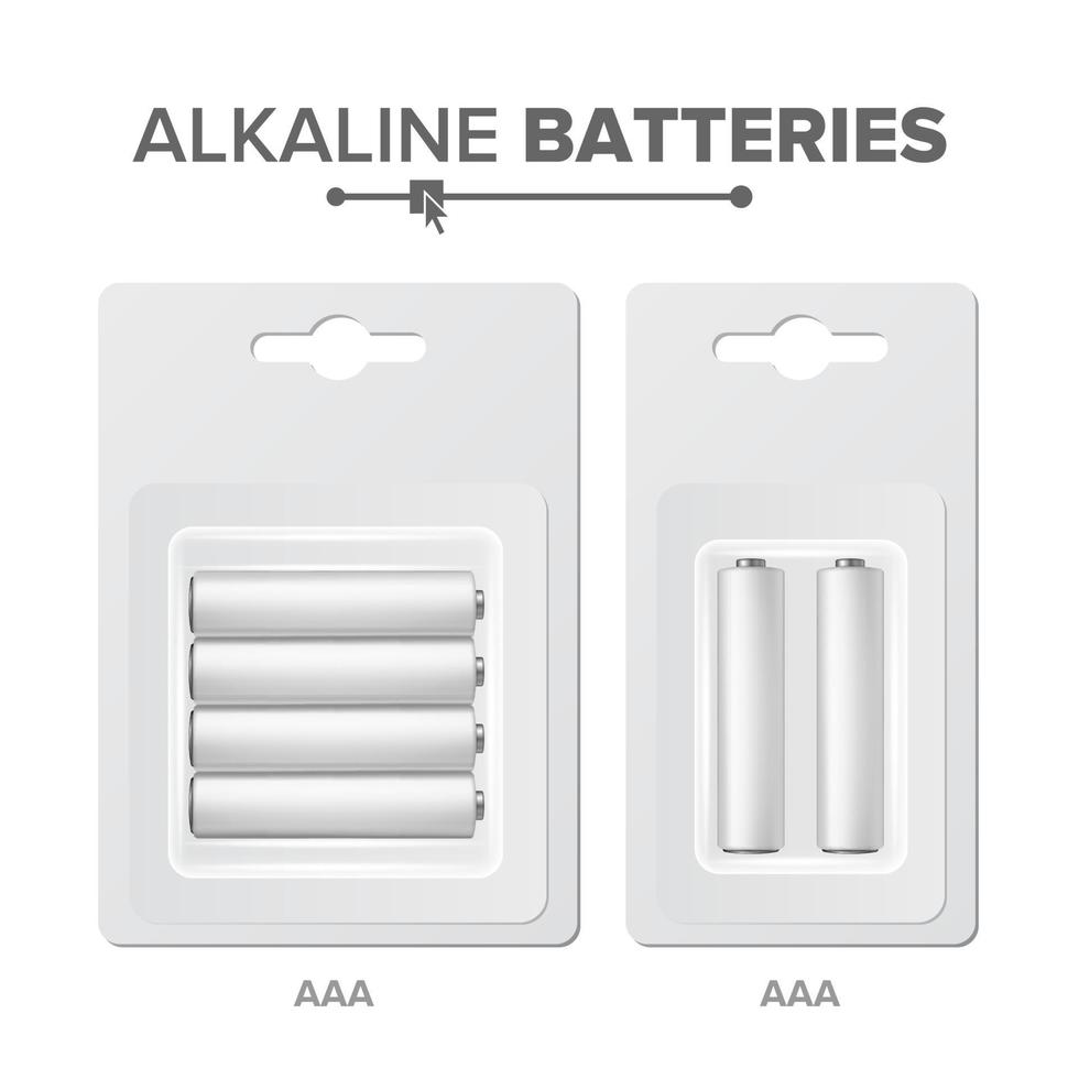 AAA Batteries Packed Vector. Alkaline Battery In Blister. Realistic Glossy Battery Accumulator. Mock Up Good For Branding Design. Closeup Isolated Illustration vector