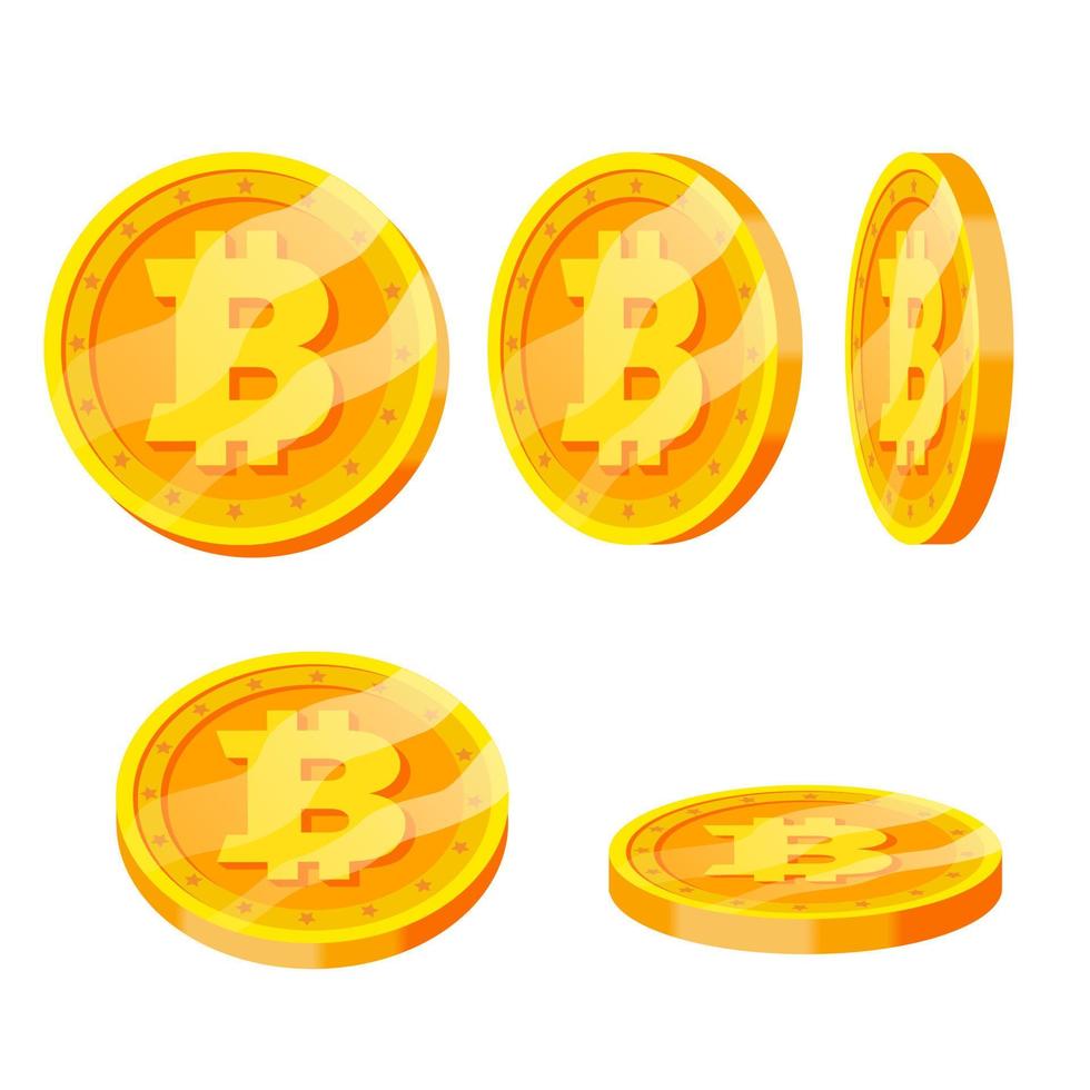 juego de vectores de monedas de oro bitcoin. voltear diferentes ángulos. dinero virtual moderno. moneda digital ilustración plana aislada