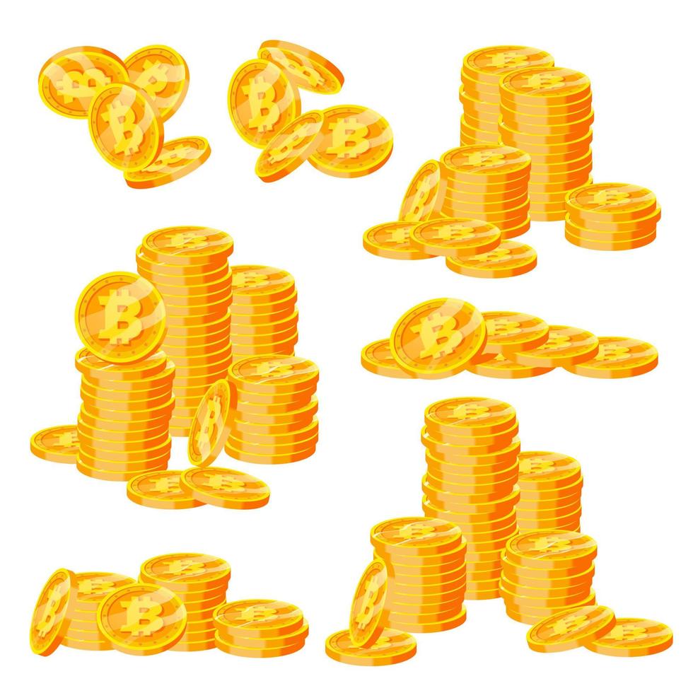 Bitcoin Stacks Set Vector. Crypto Currency. Virtual Money. Gold Coins Stack. Business Crypto Currency. Trading Design. Isolated Flat Cartoon Illustration vector