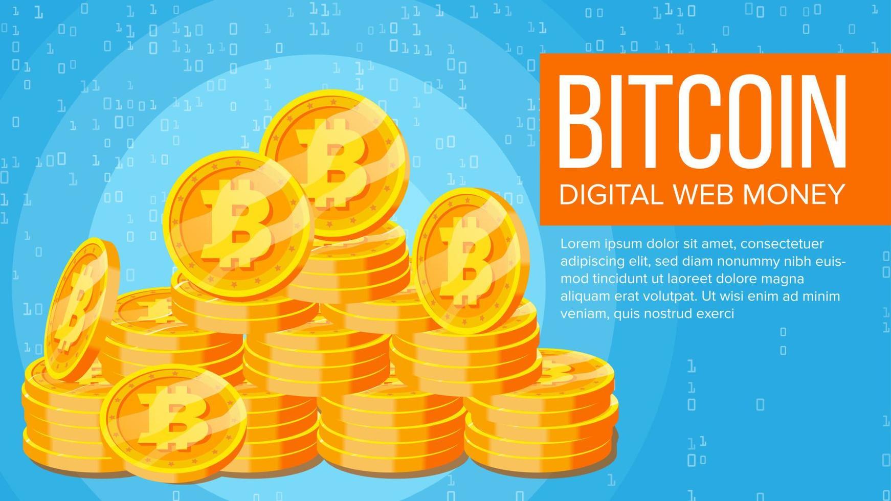 vector de banner de bitcoin. dinero web electrónico. pilas de monedas de oro. moneda criptográfica de negocios. efectivo cibernético. tecnología minera. ilustración plana