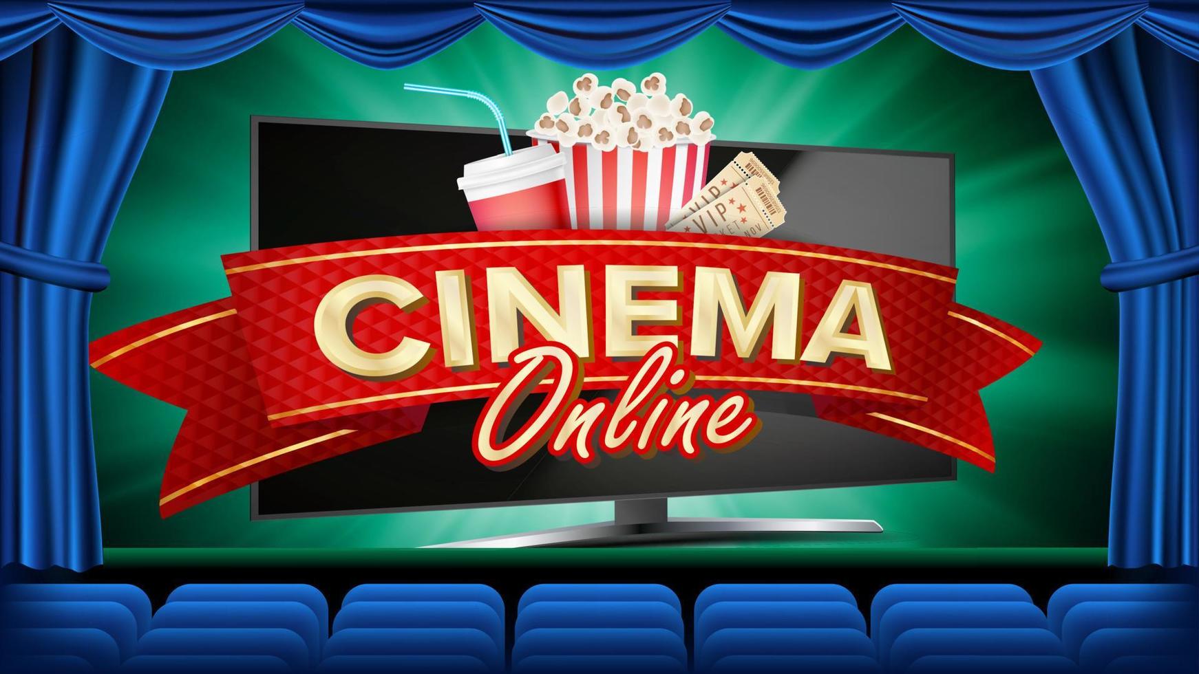 vector de banner de cine en línea. monitor de computadora realista. diseño de folletos de películas. banner de plantilla para estreno de película, espectáculo. cortina azul teatro. ilustración de carteles de lujo de marketing.