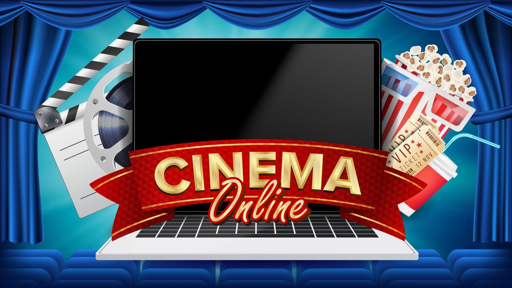 Online Cinema Poster Vector. Modern Laptop Concept. Home Online Cinema. Theater Curtain. Package Full Of Jumping Popcorn. Luxury Banner, Poster Illustration. vector