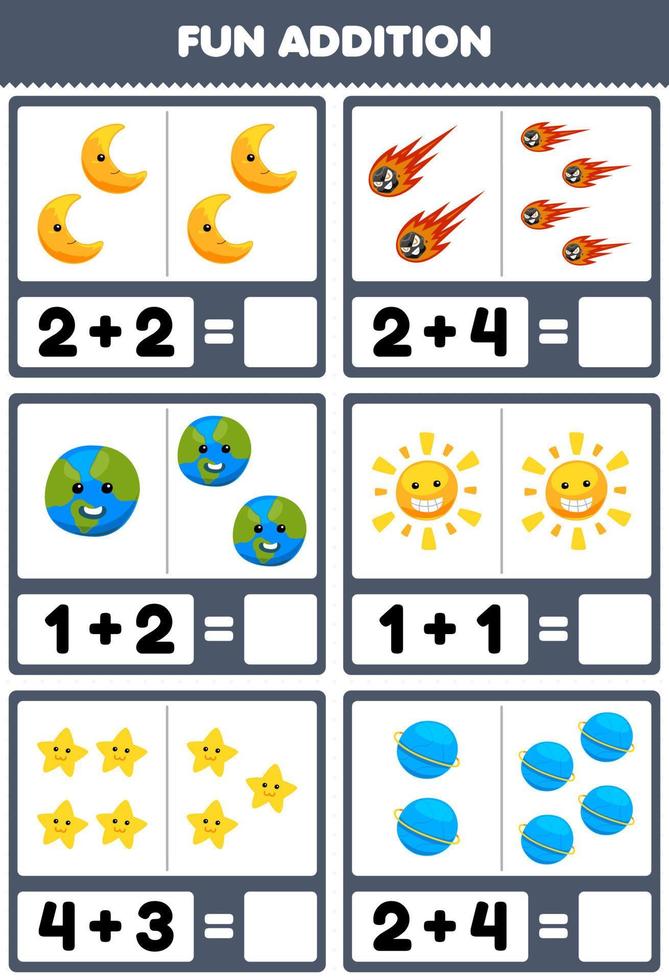 Education game for children fun addition by counting and sum of cute cartoon moon meteor earth plant sun star printable nature worksheet vector