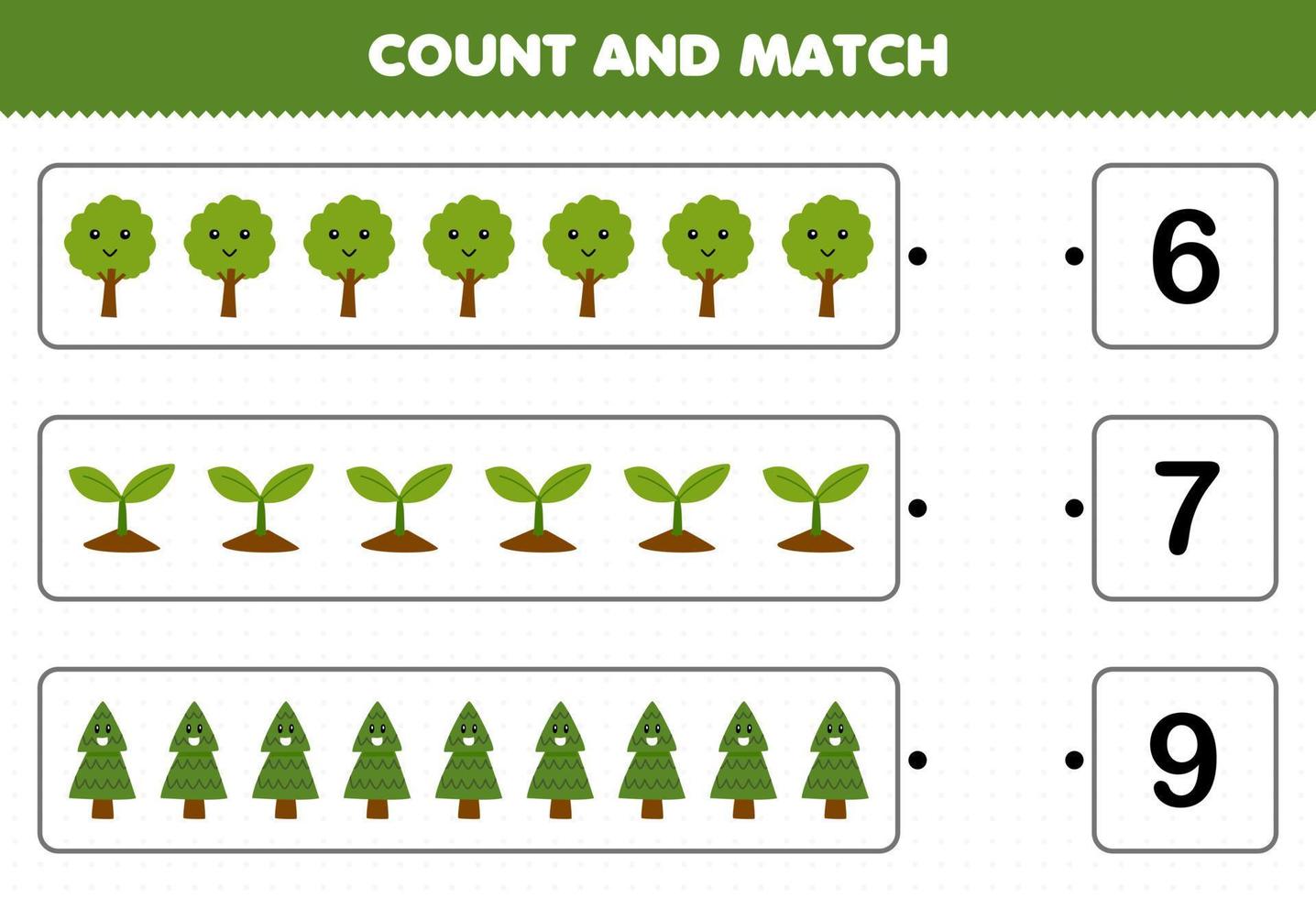Education game for children count the number of cute cartoon tree and match with the right numbers printable nature worksheet vector