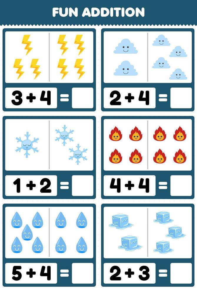 juego educativo para niños divertido además contando y sumando dibujos animados lindo nube de trueno copo de nieve fuego agua hielo hoja de trabajo de naturaleza imprimible vector