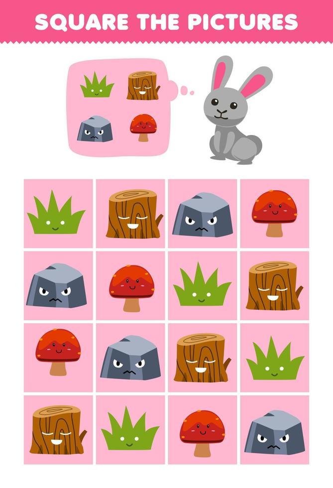 Education game for children help cute cartoon rabbit square the correct grass wood log stone mushroom set picture printable nature worksheet vector