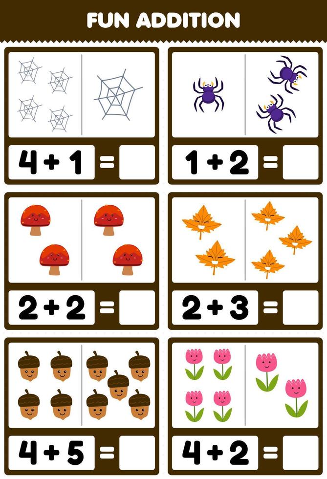 Education game for children fun addition by counting and sum of cute cartoon web spider mushroom maple leaf acorn flower printable nature worksheet vector