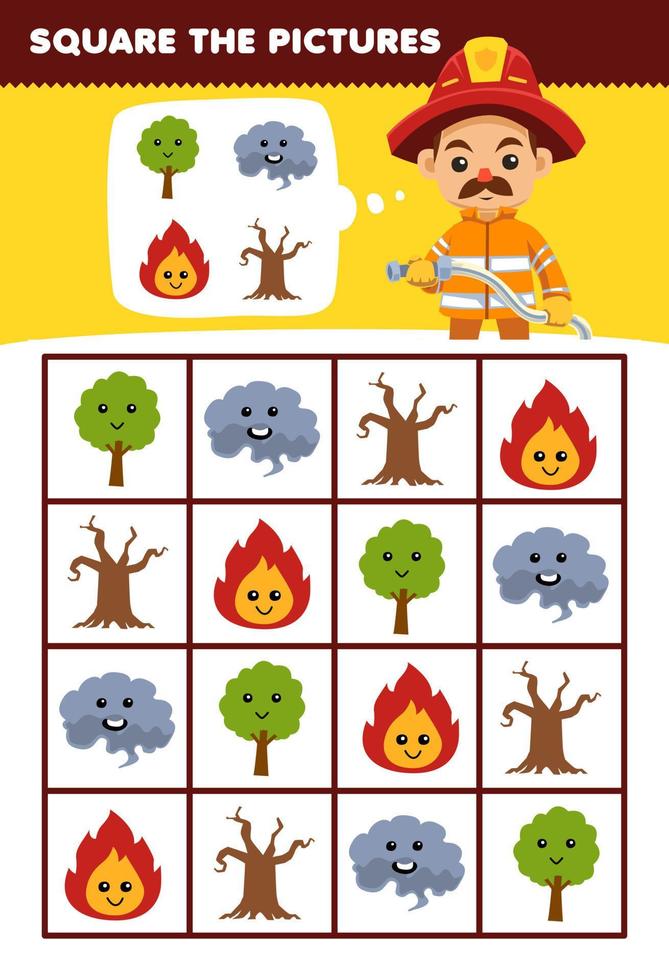 Education game for children help cute cartoon firefighter square the correct tree smoke fire wood set picture printable nature worksheet vector