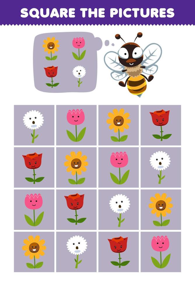 juego de educación para niños ayudar a la abeja de dibujos animados lindo a cuadrar la imagen correcta del conjunto de flores hoja de trabajo de naturaleza imprimible vector