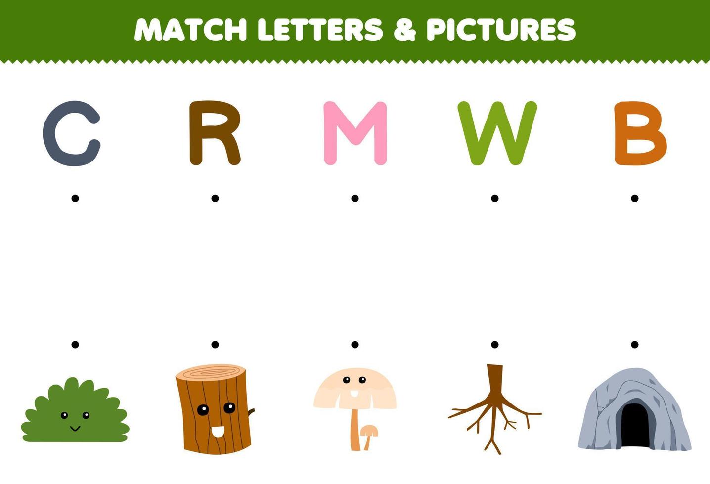 Education game for children match letters and pictures of cute cartoon bush wood mushroom root cave printable nature worksheet vector