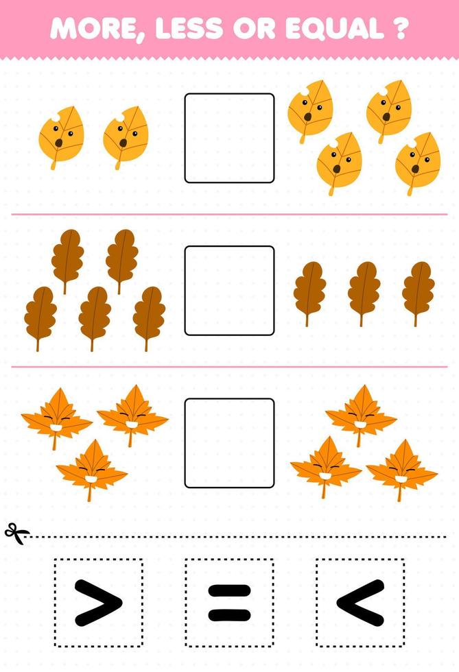 Education game for children count more less or equal of cartoon leaf then cut and glue the correct sign nature worksheet vector