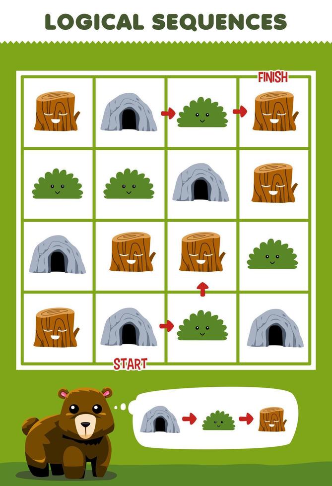 Education game for children logical sequence help cute cartoon bear sort cave bush and wood log from start to finish printable nature worksheet vector