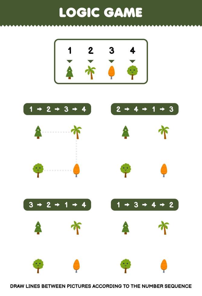 Education game for children draw lines according to the number sequences of cute cartoon tree pictures printable nature worksheet vector