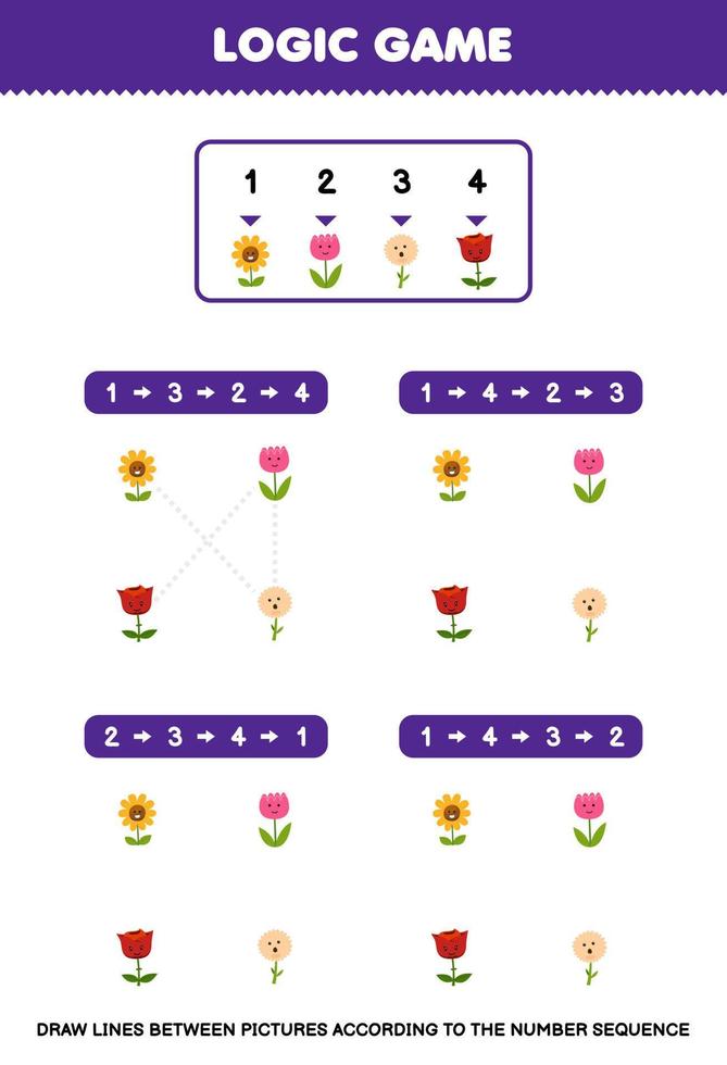 Education game for children draw lines according to the number sequences of cute cartoon flower pictures printable nature worksheet vector