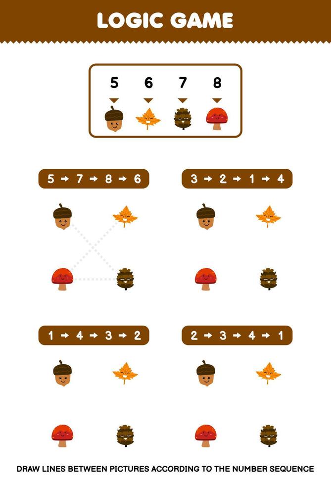 Education game for children draw lines according to the number sequences of cute cartoon acorn maple leaf pinecone mushroom pictures printable nature worksheet vector