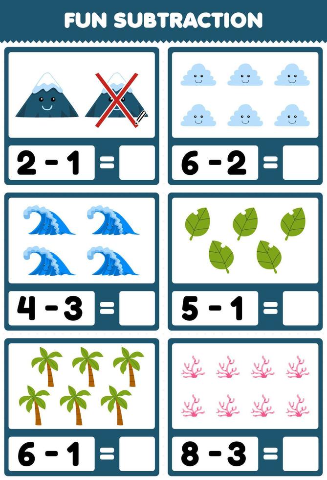 Education game for children fun subtraction by counting and eliminating cute cartoon mountain cloud wave leaf tree coral printable nature worksheet vector