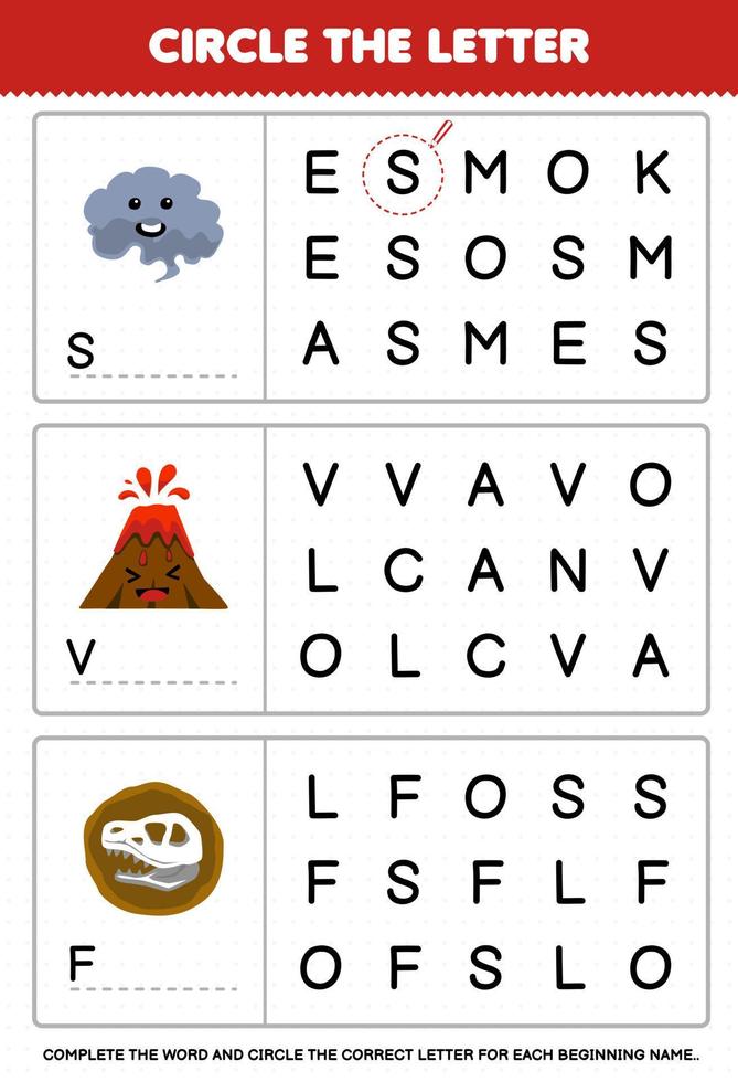Education game for children circle the beginning letter from cute cartoon smoke volcano fossil printable nature worksheet vector