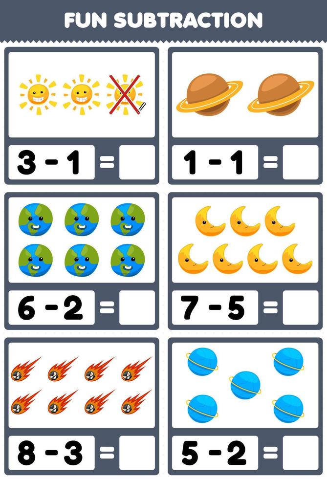 Education game for children fun subtraction by counting and eliminating cute cartoon sun earth planet moon meteor printable nature worksheet vector