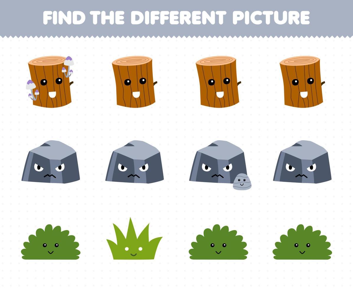 Education game for children find the different picture in each row of cute cartoon wood log stone bush grass printable nature worksheet vector