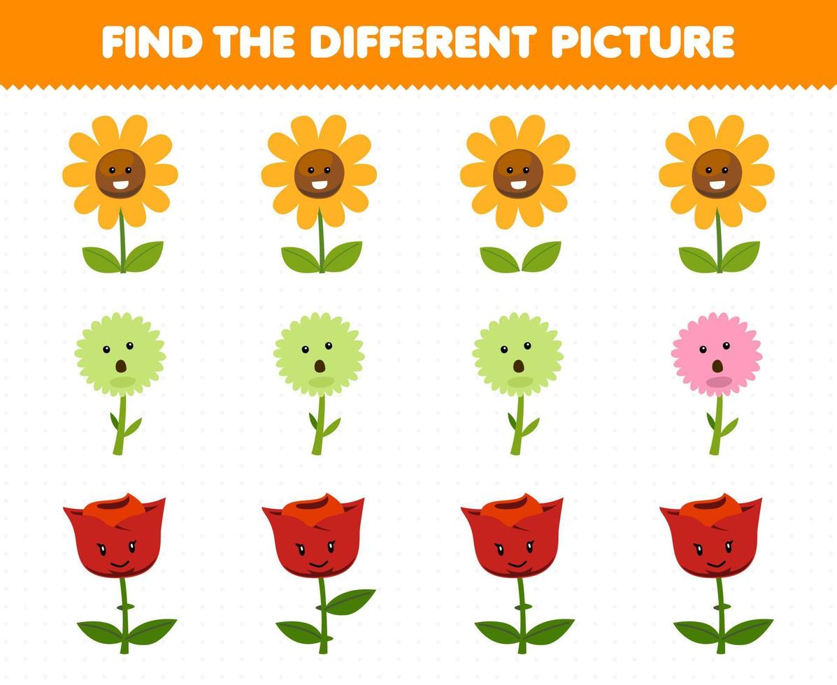 Education game for children find the different picture in each row of cute cartoon flower printable nature worksheet vector