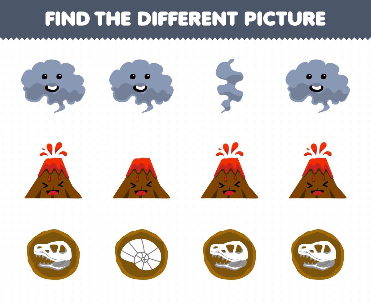 Education game for children find the different picture in each row of cute cartoon smoke volcano fossil printable nature worksheet vector