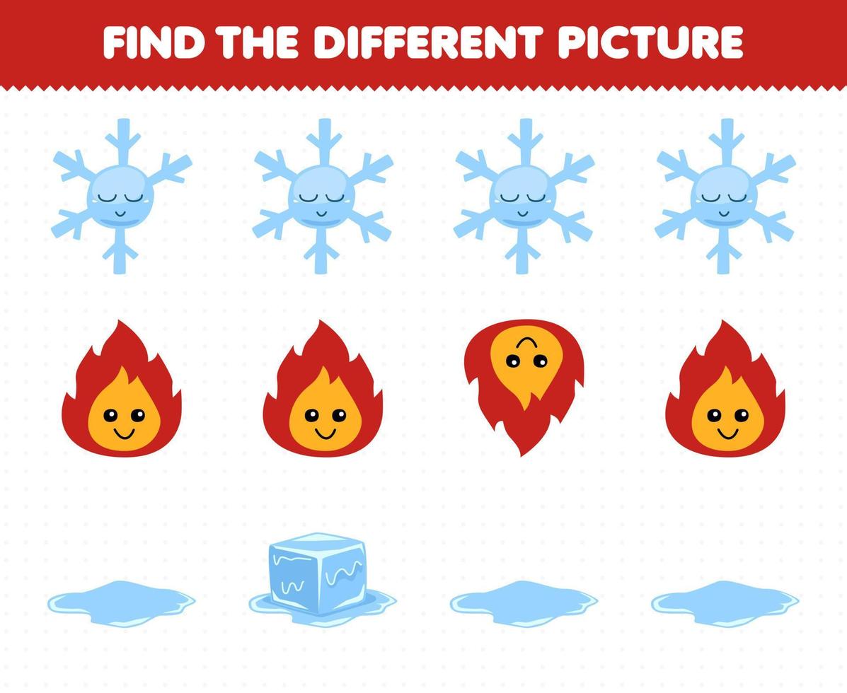 Education game for children find the different picture in each row of cute cartoon snowflake fire ice printable nature worksheet vector