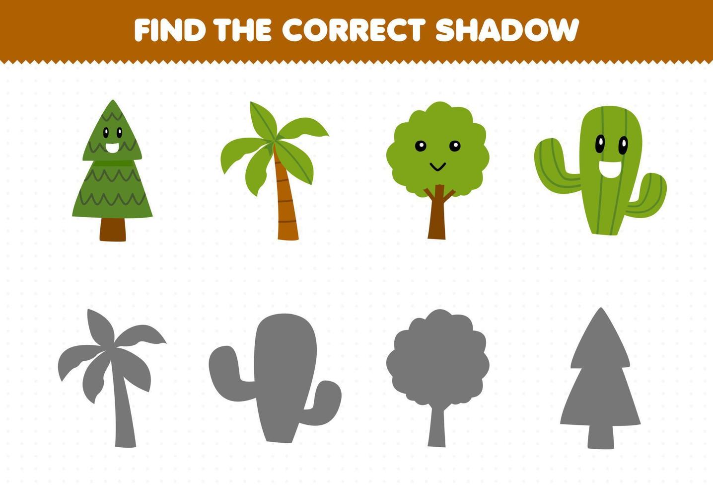Education game for children find the correct shadow set of cute cartoon tree printable nature worksheet vector
