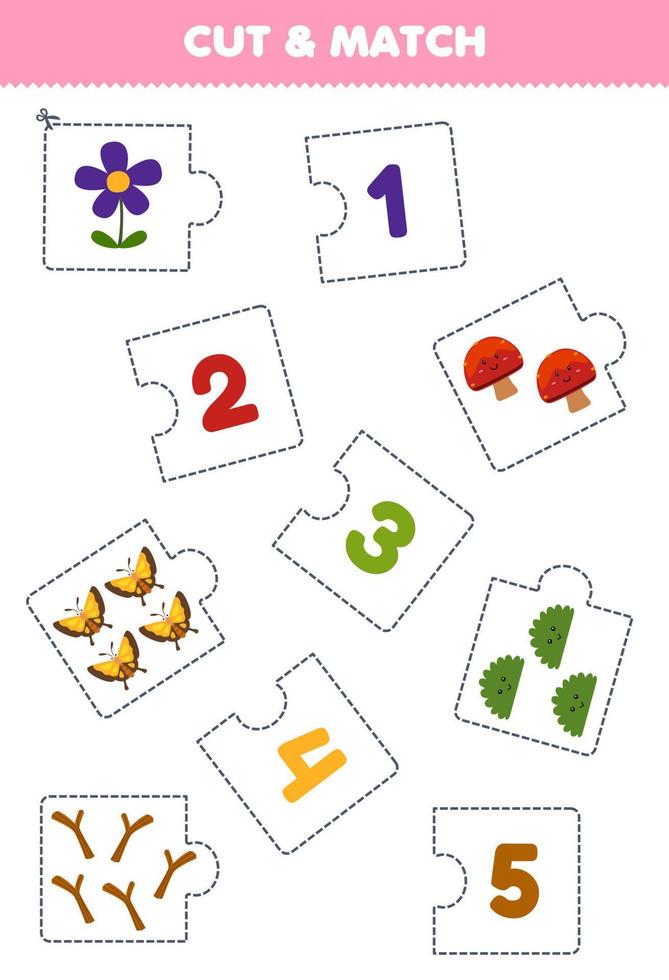 Education game for children cut piece of puzzle and match by number of cute cartoon flower mushroom bush butterfly branch printable nature worksheet vector