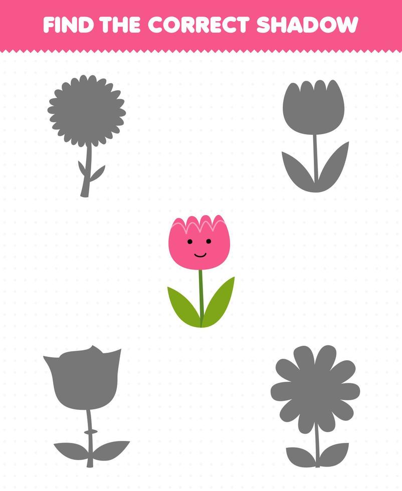 Education game for children find the correct shadow set of cute cartoon pink flower printable nature worksheet vector